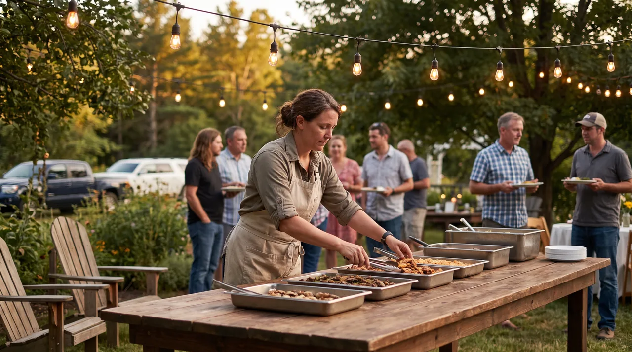 A caterer serving guests at a garden party