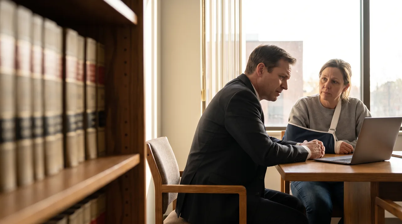 A lawyer listening to a client by an office window