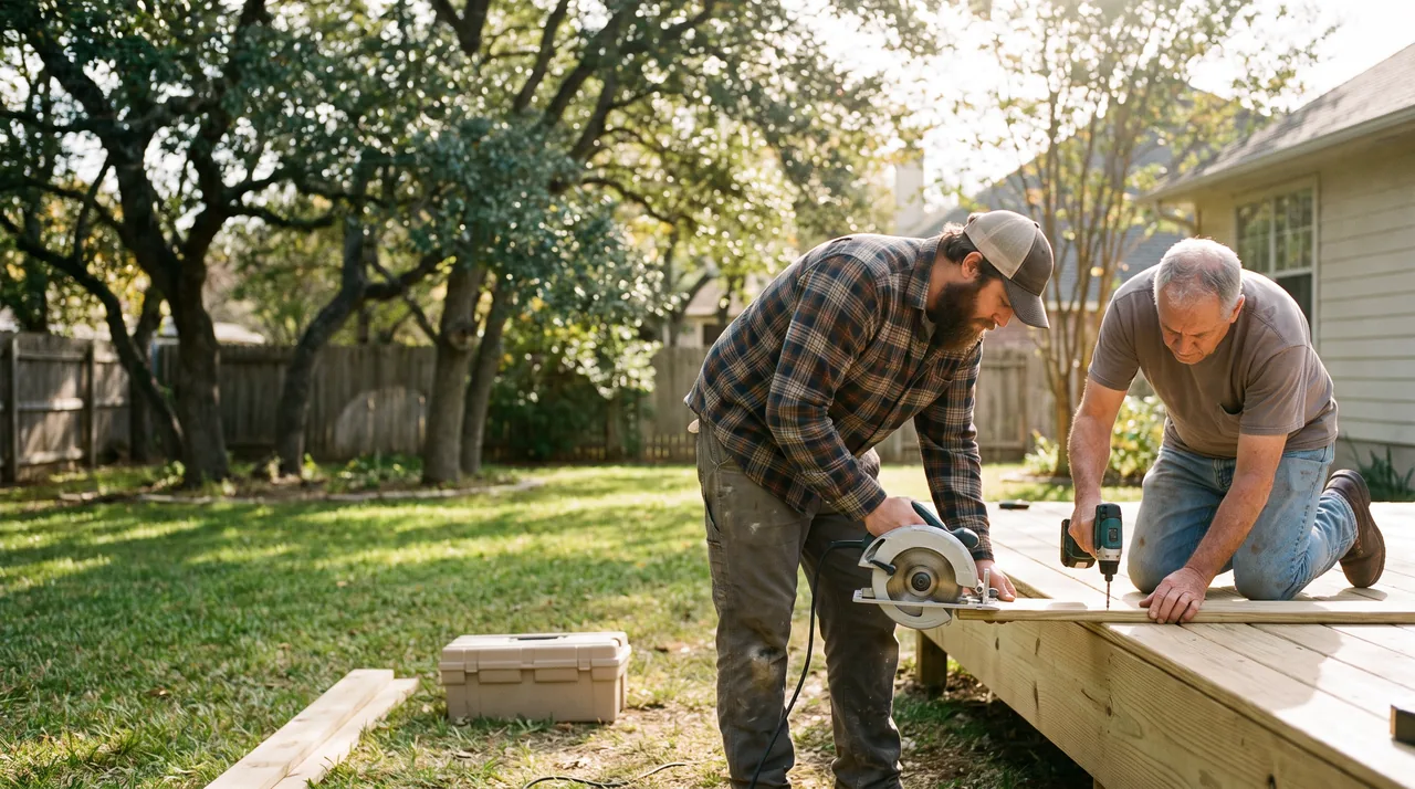Two carpenters building a backyard deck